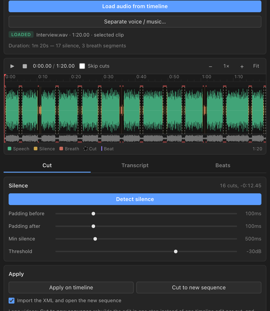 EasyScript 2.3 panel in Premiere Pro: waveform with detected silences, Separate voice / music, Cut, Transcript and Beats tabs